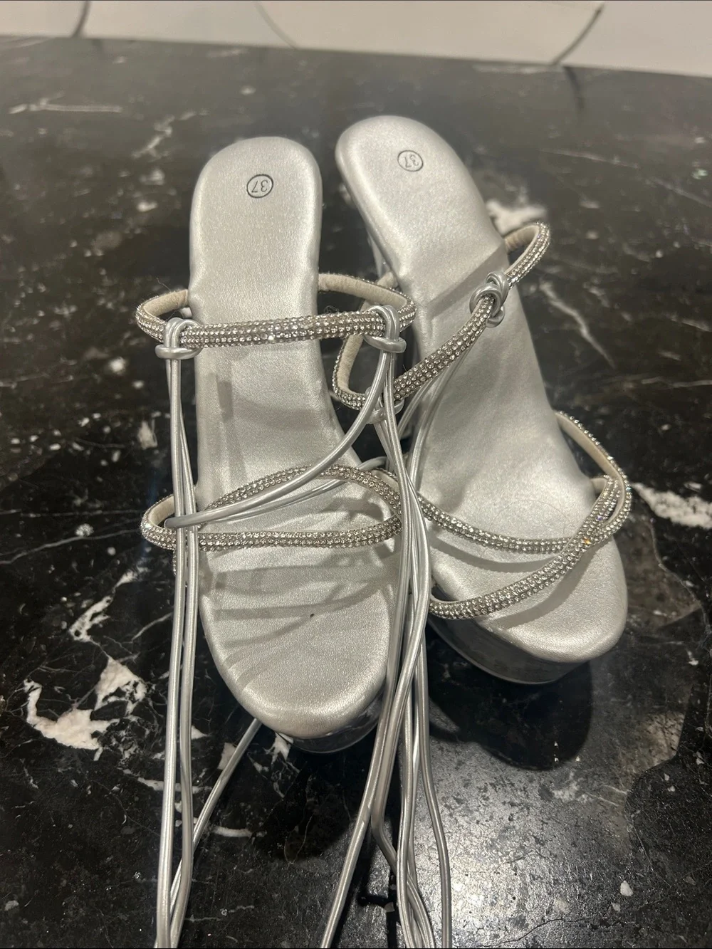 Silver Strappy Crystal Lace-Up Heeled Sandals